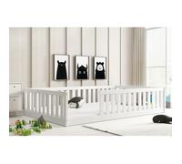 Lit au Sol BELLA 120x200 cm Lit Enfant Montessori avec Barrière de Sécurité et Sommier, Bois Massif Pin (BLANC)