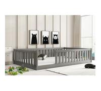 Lit au Sol BELLA 120x200 cm Lit Enfant Montessori avec Barrière de Sécurité et Sommier, Bois Massif Pin (GRIS)