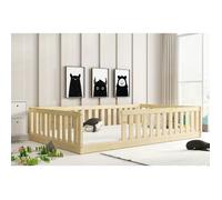 Lit au Sol BELLA 120x200cm Lit Enfant Montessori avec Barrière de Sécurité et Sommier, Bois Massif Pin (PIN)
