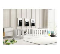 Lit au Sol BELLA 80x160 cm Lit Enfant Montessori avec Barrière de Sécurité , Bois Massif Pin (BLANC)