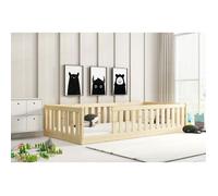 Lit au Sol BELLA 90x190 cm Lit Enfant Montessori avec Barrière de Sécurité et Sommier, Bois Massif Pin (PIN)