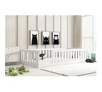 Lit au Sol BELLA 90x190 cm Lit Enfant Montessori avec Barrière de Sécurité et Sommier , Bois Massif Pin (BLANC)