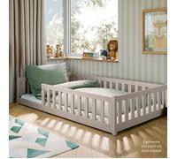 Lit au sol enfant 120x200 cm - Avec sommier + barrière de lit - Lit pour enfant Montessori - En pin massif - Cachemire