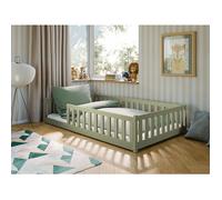 Lit au sol enfant 120x200 cm - Avec sommier + barrière de lit - Lit pour enfant Montessori - En pin massif - Vert Olive