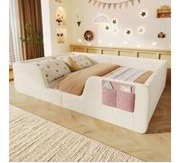Lit Au Sol Enfant 140x190 Cm lit montessori lit double Avec Sommier À Lattes, rangement et Barrières Amovibles, Velours Beige
