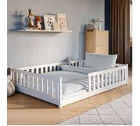 Lit de sol Montessori en bois de pin massif, 140 x 200 cm, avec sommier à lattes, protection anti-chute, blanc, pour enfant et adolescent