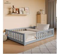 Kids Collective Lit pour Enfants au Sol 140x200 cm avec barrière de sécurité et sommier à Lattes, lit Montessori pour Enfants et Adolescents, Simple | Gris Cendre