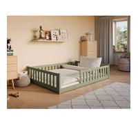 Lit au sol enfant 140x200 cm - Avec sommier + barrière de lit - Lit pour enfant Montessori - En pin massif - Vert Olive
