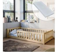 Lit au sol enfant 90x190 cm - Avec matelas + sommier + barrière de lit - Lit pour enfant Montessori - En pin massif - Naturel