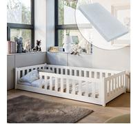 Lit au sol enfant 90x190 cm - Avec matelas + sommier + barrière de lit - Lit pour enfant Montessori - En pin massif - Blanc