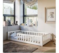 Lit de sol, 90 x 190 cm, avec protection anti-chute et sommier à lattes, Montessori en bois de pin massif, pour enfant et adolescent, lit simple pour garçon et fille