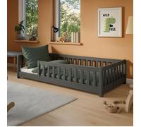 Lit au sol enfant 90x190 cm - Matelas INCLUS - Avec sommier + barrière de lit - Lit Montessori enfant - Pin massif - Gris foncé