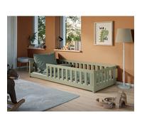 Lit au sol enfant 90x190 cm - Matelas INCLUS - Avec sommier + barrière de lit - Lit Montessori enfant - Pin massif - Vert Olive