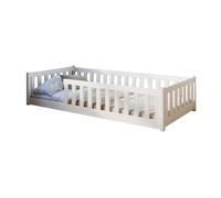 Lit au sol enfant 90x200 cm - Avec matelas + sommier + barrière de lit - Lit pour enfant Montessori - En pin massif - Blanc