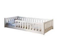 Lit au sol enfant 90x200 cm - Avec sommier + barrière de lit - Lit pour enfant Montessori - En pin massif - Blanc