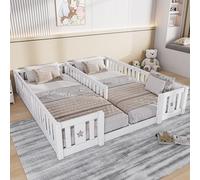 Lit au Sol Enfant 90x200 cm,Lit Double Bébé avec Barrière de Sécurité et Sommier à Lattes Lits Enfant en Bois Massif de Pin pour Enfants et Bébés,Lit Montessori 2 Personnes (Blanc-H,Avec lattes)