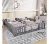 Lit au Sol Enfant 90x200 cm,Lit Double Bébé avec Barrière de Sécurité et Sommier à Lattes Lits Enfant en Bois Massif de Pin pour Enfants et Bébés,Lit Montessori 2 Personnes(Gris-H, Sans lattes)