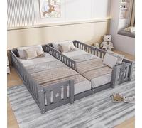 Lit au Sol Enfant 90x200 cm,Lit Double Bébé avec Barrière de Sécurité et Sommier à Lattes Lits Enfant en Bois Massif de Pin pour Enfants et Bébés,Lit Montessori 2 Personnes(Gris-H, Avec lattes)