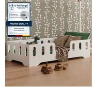 Lit au Sol Enfant avec Barriere - 90x200 en Bois TILA 2 - Couleur Blanc - Sommier - Montage Rapide - Charge Max 230 kg