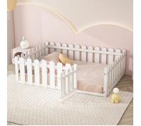 Lit Au Sol Enfant avec Barriere, Lit Enfant 140x200 avec Clôture et Porte, Lit Montessori pour Filles et Garçons en Pin Bois, Blanc