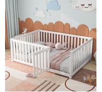 Lit Au Sol Enfant avec Clôture et Porte, Lit Double Enfant 140x200cm,Lit Montessori Fille Garcon,Blanc,Bois,pour Décoration de Noël