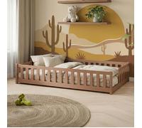Lit au sol Montessori enfant 90x190 cm- Avec barrière anti-chute - Sommier à lattes - Bois massif - Lit simple - Canelle