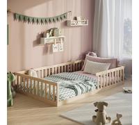 Lit au Sol Montessori - Taille 140 x 200 cm - avec barrière de lit Anti-Chute et sommier à Lattes - Lit Simple pour Enfant et Adolescent - Lit Montessori - Finition Bois Naturel