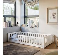 Lit au Sol pour Enfant 80x160 cm avec Protection Contre Les Chutes & sommier à Lattes Lit Simple Montessori pour Enfants et Adolescent Blanc Garçon Fille