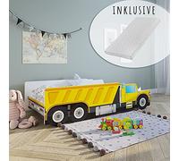 Lit Auto pour Enfant et Adolescent 80x160 cm avec Protection Anti-Chute et Matelas | Chantier Pelleteuse, Grue basculante, lit de Jeu pour Enfant