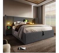 Lit - AUTREMENT - 160x200 cm - Beige - Rangement - Lampe de lecture USB