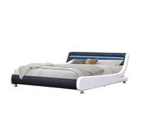 Lit ava pour matelas 120x190 - Sommier + Tête de Lit eclairage LED Incurve Couleur BLANC & NOIR + Pieds en 5 cm pour matelas - 13 Lattes - revetement PVC Simili facile d'entretien - Montage Rapide et