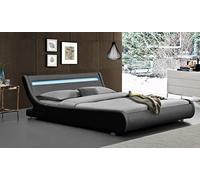 Lit ava pour matelas 140x200 - Sommier + Tête de Lit eclairage LED Incurve Couleur NOIR + Pieds en 5 cm pour matelas - 13 Lattes - revetement PVC Simili facile d'entretien - Montage Rapide et Fac