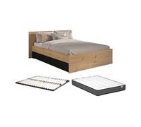 Lit avec 2 tiroirs 140 x 190/200 cm - Coloris : Naturel et noir + Sommier + Matelas - VARLY