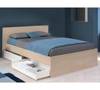 Lit avec 2 tiroirs 140 x 190 cm - Coloris : Naturel et blanc brillant + sommier - VELONA