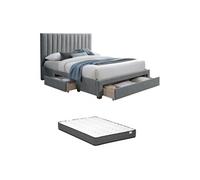 Lit avec 3 tiroirs 160 x 200 cm - Tissu - Gris + Matelas - LIAKO Gris