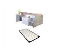 Lit avec bureau et rangements - 90 x 190/200 cm - Blanc et naturel + Sommier - GISELE