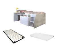 Lit avec bureau et rangements - 90 x 190/200 cm - Blanc et naturel + Sommier + Matelas - GISELE