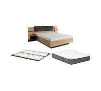 Lit avec chevets 140 x 190 cm - Avec LEDs - Coloris : Naturel et anthracite + Sommier + Matelas Premium - ELYNIA