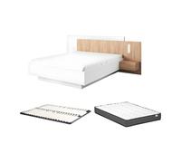 Lit avec chevets 160 x 200 cm - 2 tiroirs - Avec LEDs - Blanc et naturel + Sommier + Matelas - FRANCOLI
