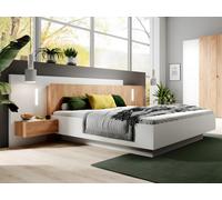 Lit avec chevets 160 x 200 cm - 2 tiroirs - Avec LEDs - Blanc et naturel + Sommier + Matelas - FRANCOLI