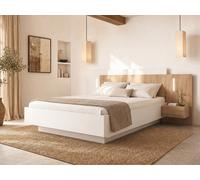 Lit avec chevets 160 x 200 cm - 2 tiroirs - Avec LEDs - Coloris : Blanc et naturel + Sommier - FRANCOLI