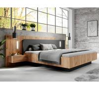 Lit avec chevets 160 x 200 cm - 2 tiroirs - Avec LEDs - Coloris : Naturel et anthracite + Sommier - FRANCOLI