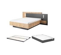Lit avec chevets 160 x 200 cm - 2 tiroirs - Avec LEDs - Coloris : Naturel et anthracite + Sommier + Matelas - FRANCOLI