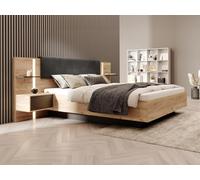 Lit avec chevets 160 x 200 cm - Avec LEDs - Coloris : Naturel et anthracite - ELYNIA Gris anthracite, Naturel clair