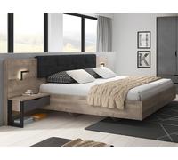 Lit avec chevets 160 x 200 cm - Avec LEDs - Coloris : Naturel et anthracite + Sommier - LAONILE