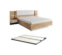 Lit avec chevets 160 x 200 cm - Avec LEDs - Coloris : Naturel et blanc + Sommier - ELYNIA