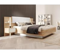 Lit avec chevets 160 x 200 cm - Avec LEDs - Coloris : Naturel et blanc + Sommier - ELYNIA