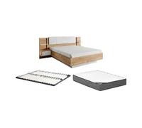 Lit avec chevets 160 x 200 cm - Avec LEDs - Coloris : Naturel et blanc + Sommier + Matelas Premium - ELYNIA