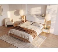 Lit avec chevets 160 x 200 cm - Avec LEDs - Coloris : Naturel et blanc + Sommier + Matelas Premium - ELYNIA