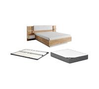 Lit avec chevets 160 x 200 cm - Avec LEDs - Coloris : Naturel et blanc + Sommier + Matelas Premium - ELYNIA